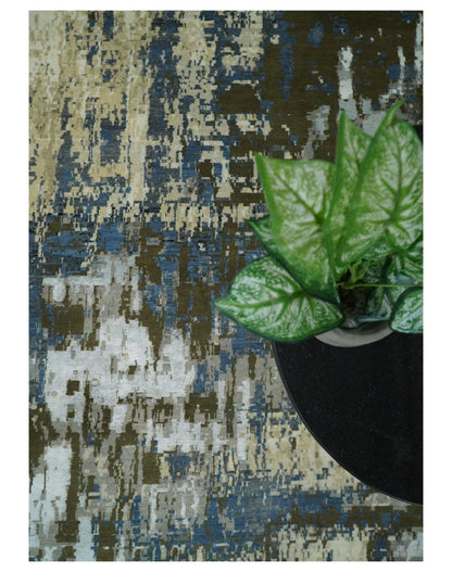 9x12 Fine Hand Knotted Beige and Blue Modern Abstract Style Antique Wool and Silk Area Rug | AGR31