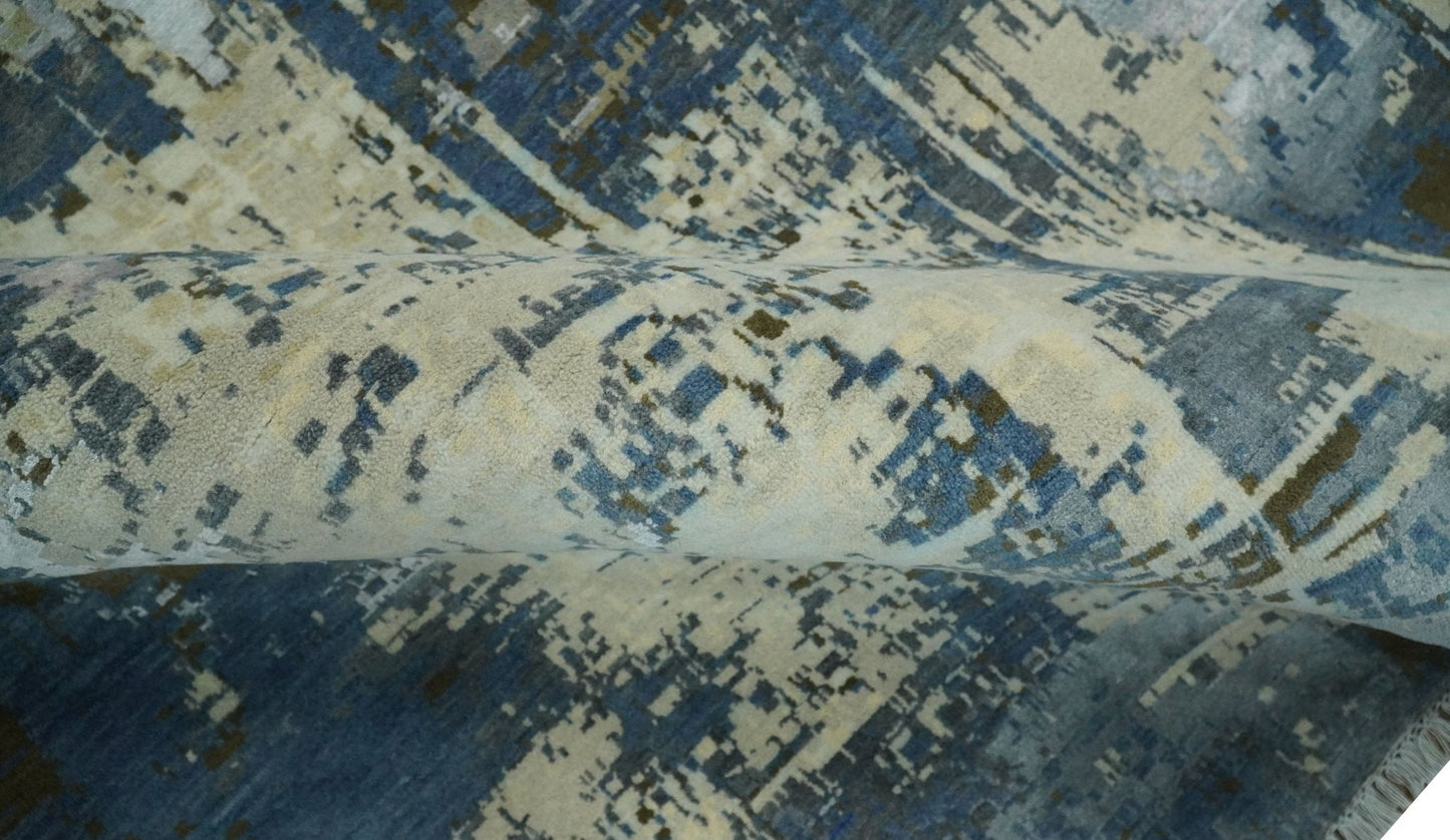 9x12 Fine Hand Knotted Beige and Blue Modern Abstract Style Antique Wool and Silk Area Rug | AGR31