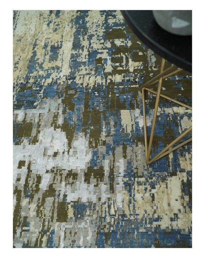 9x12 Fine Hand Knotted Beige and Blue Modern Abstract Style Antique Wool and Silk Area Rug | AGR31