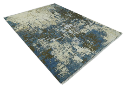 9x12 Fine Hand Knotted Beige and Blue Modern Abstract Style Antique Wool and Silk Area Rug | AGR31