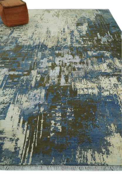 9x12 Fine Hand Knotted Beige and Blue Modern Abstract Style Antique Wool and Silk Area Rug | AGR31