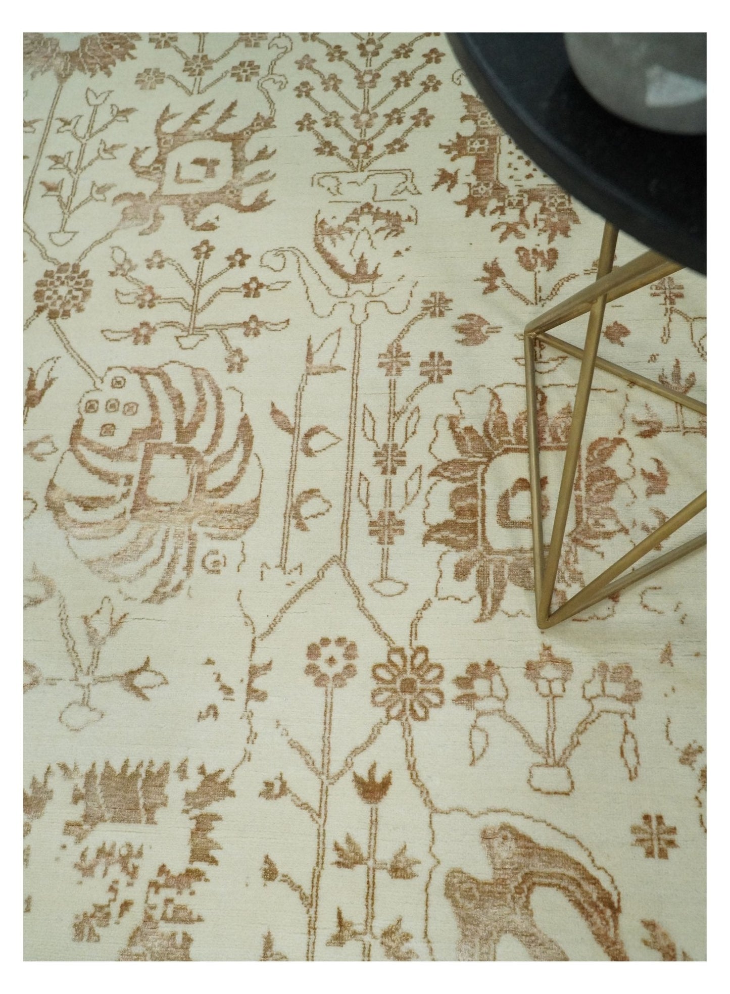 9x12 Fine Hand Knotted Beige and Brown Traditional Vintage Persian Style Antique Wool and Silk Rug | AGR46