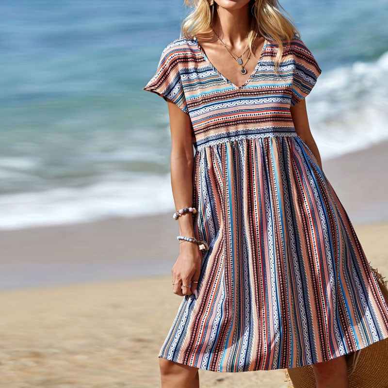 A-Line Women's Dress | Lightweight V-Neck Short Sleeve Boho Style 2