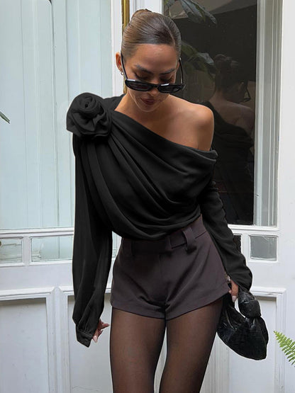 Asymmetrical Chiffon Blouse | Semi-Sheer One Shoulder Design with Long Sleeves 5