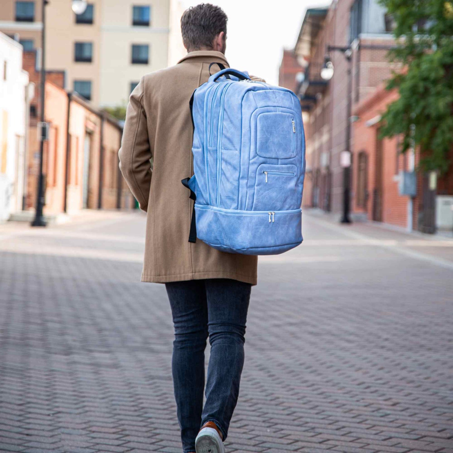 Baby Blue Leather Patented Carry-On Backpack