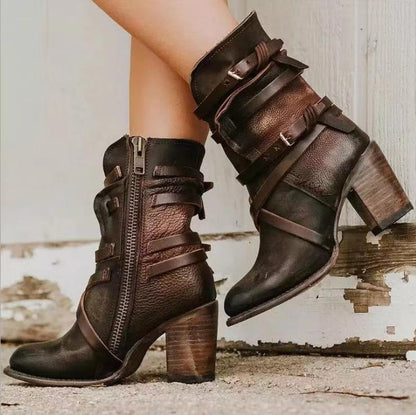 Black Ankle Boots | Distressed Leather Booties for Women with Chunky Heel 1