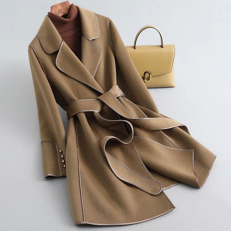 Black Trench Coat Women | Virgin Wool Blend with Pearl-Accented Cuffs 0