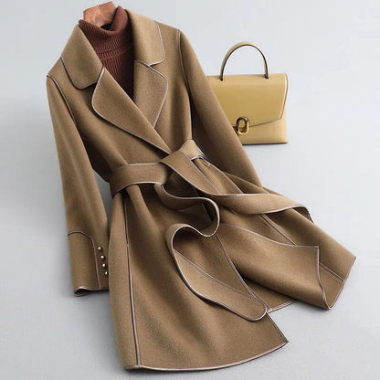 Black Trench Coat Women | Virgin Wool Blend with Pearl-Accented Cuffs 0