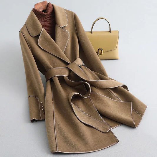 Black Trench Coat Women | Virgin Wool Blend with Pearl-Accented Cuffs 0
