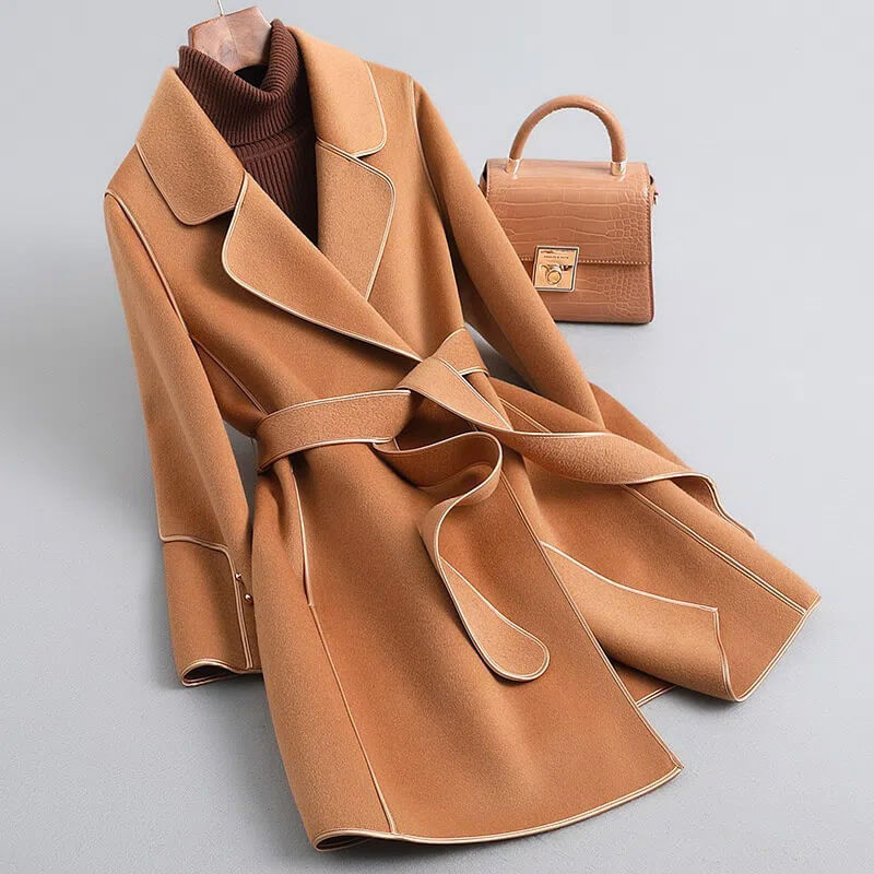 Black Trench Coat Women | Virgin Wool Blend with Pearl-Accented Cuffs 1