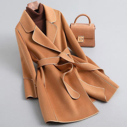 Black Trench Coat Women | Virgin Wool Blend with Pearl-Accented Cuffs 1