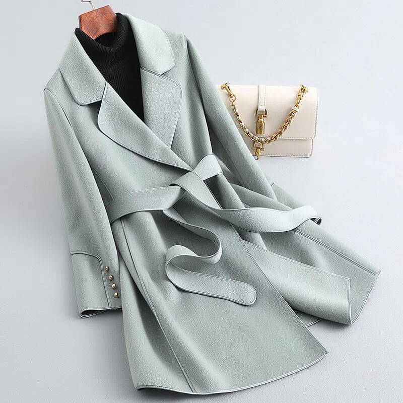 Black Trench Coat Women | Virgin Wool Blend with Pearl-Accented Cuffs 2