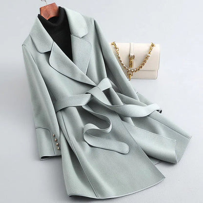 Black Trench Coat Women | Virgin Wool Blend with Pearl-Accented Cuffs 2