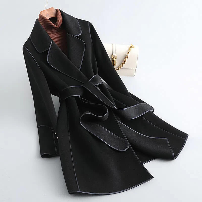 Black Trench Coat Women | Virgin Wool Blend with Pearl-Accented Cuffs 3