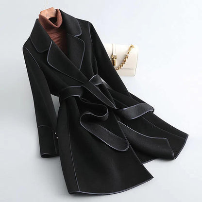 Black Trench Coat Women | Virgin Wool Blend with Pearl-Accented Cuffs 3