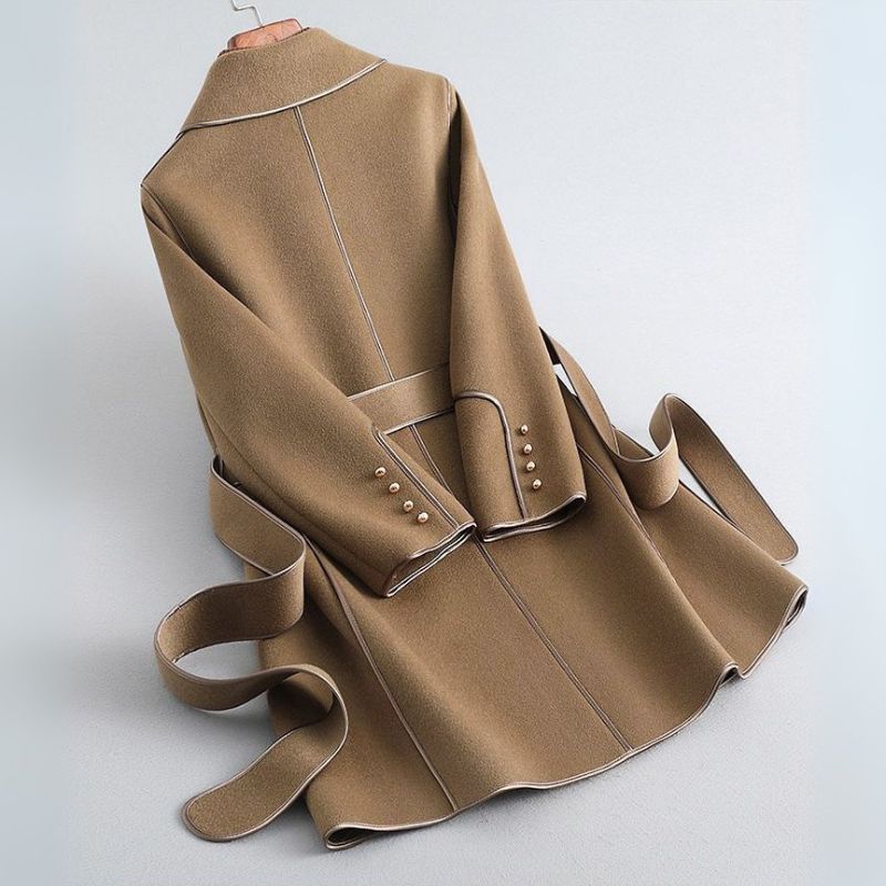Black Trench Coat Women | Virgin Wool Blend with Pearl-Accented Cuffs 4