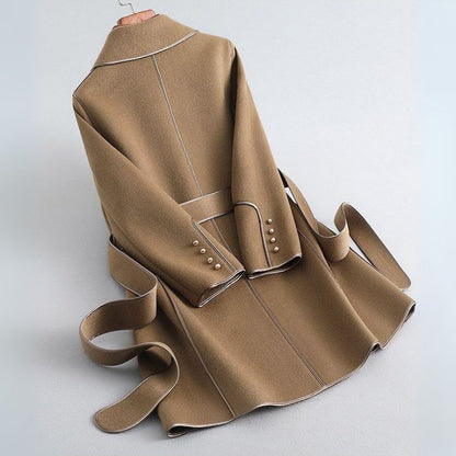 Black Trench Coat Women | Virgin Wool Blend with Pearl-Accented Cuffs 4