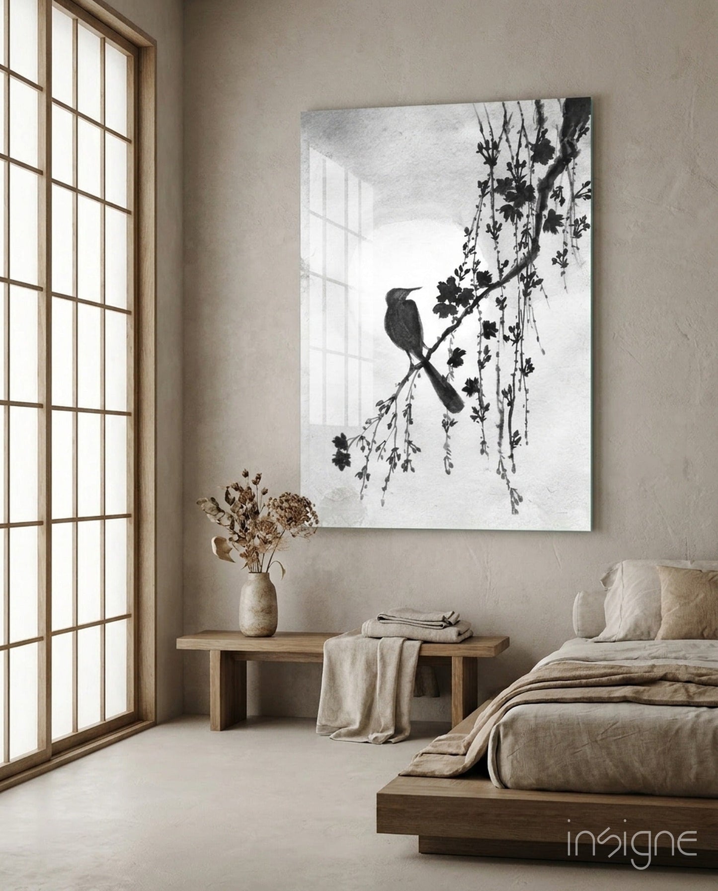 Modern bedroom with a large abstract painting of a bird on a branch, a wooden bench, and a bed.