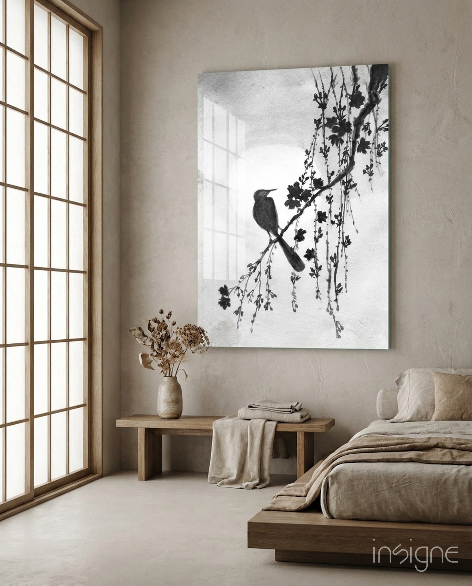 Modern bedroom with a large abstract painting of a bird on a branch, a wooden bench, and a bed.