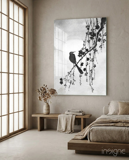 Modern bedroom with a large abstract painting of a bird on a branch, a wooden bench, and a bed.