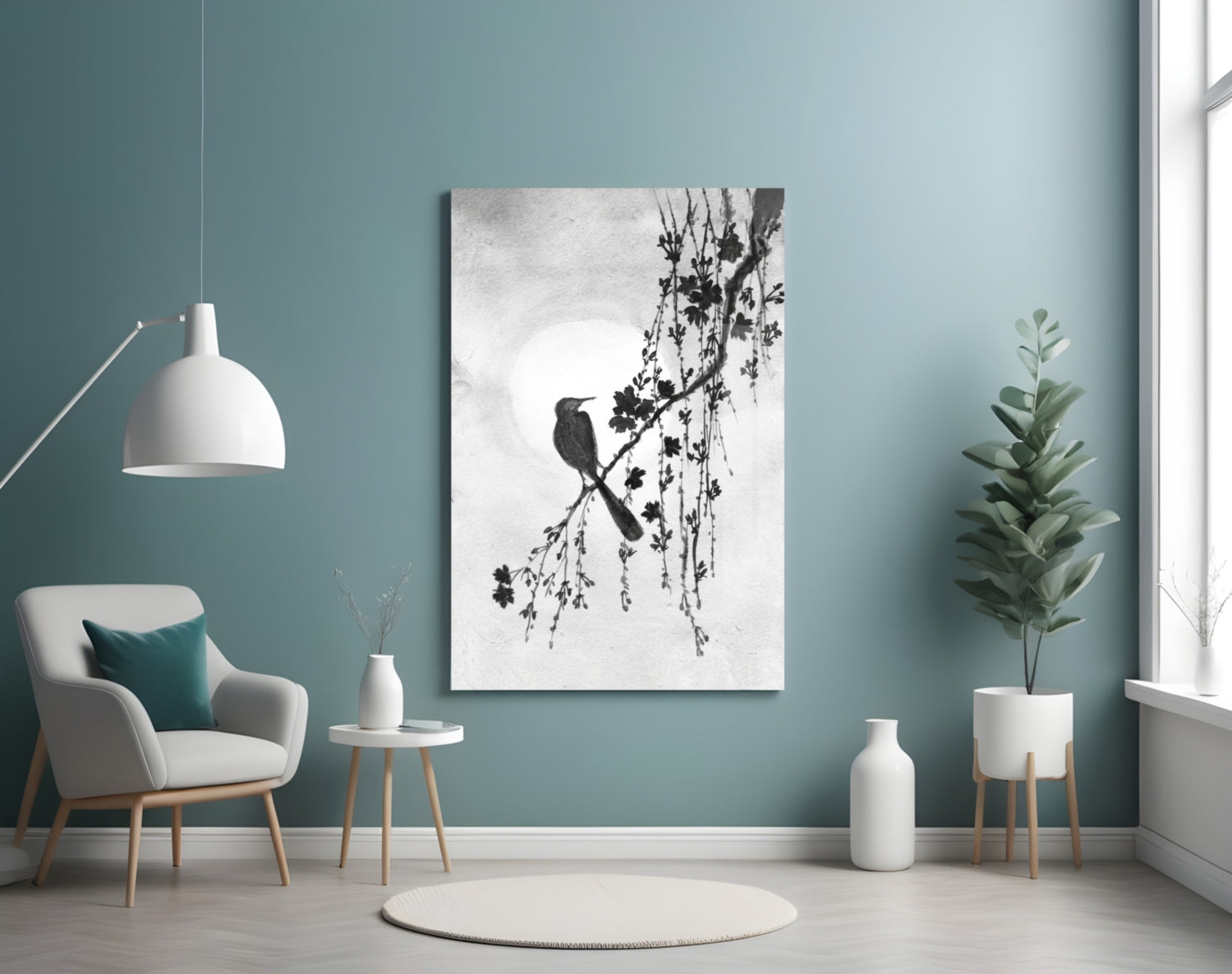 Modern living room with a bird and branch painting on a teal wall.