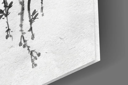 Close-up of a traditional Chinese ink painting on tempered glass with willow branches.