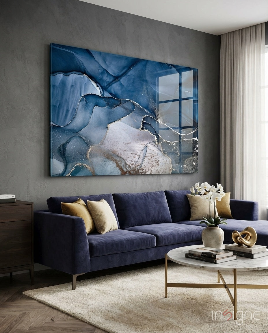 Art mural en verre avec encre or bleu acier