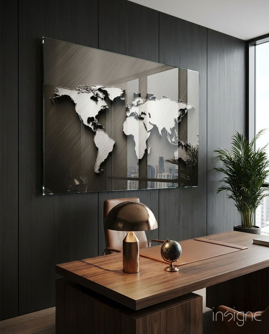 Arte de pared de vidrio con mapa mundial en relieve cromado