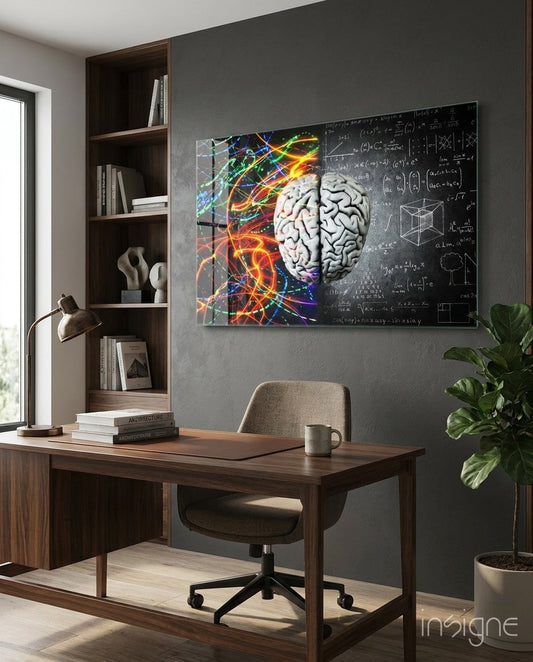 Arte de pared de vidrio cerebral con vetas de color y fórmula de tiza
