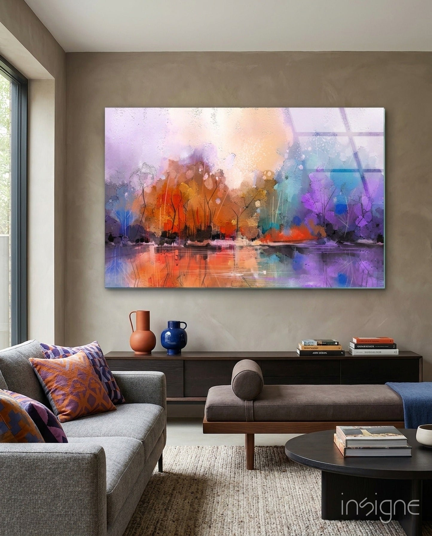 Arte de pared de vidrio con lago en bosque otoñal colorido