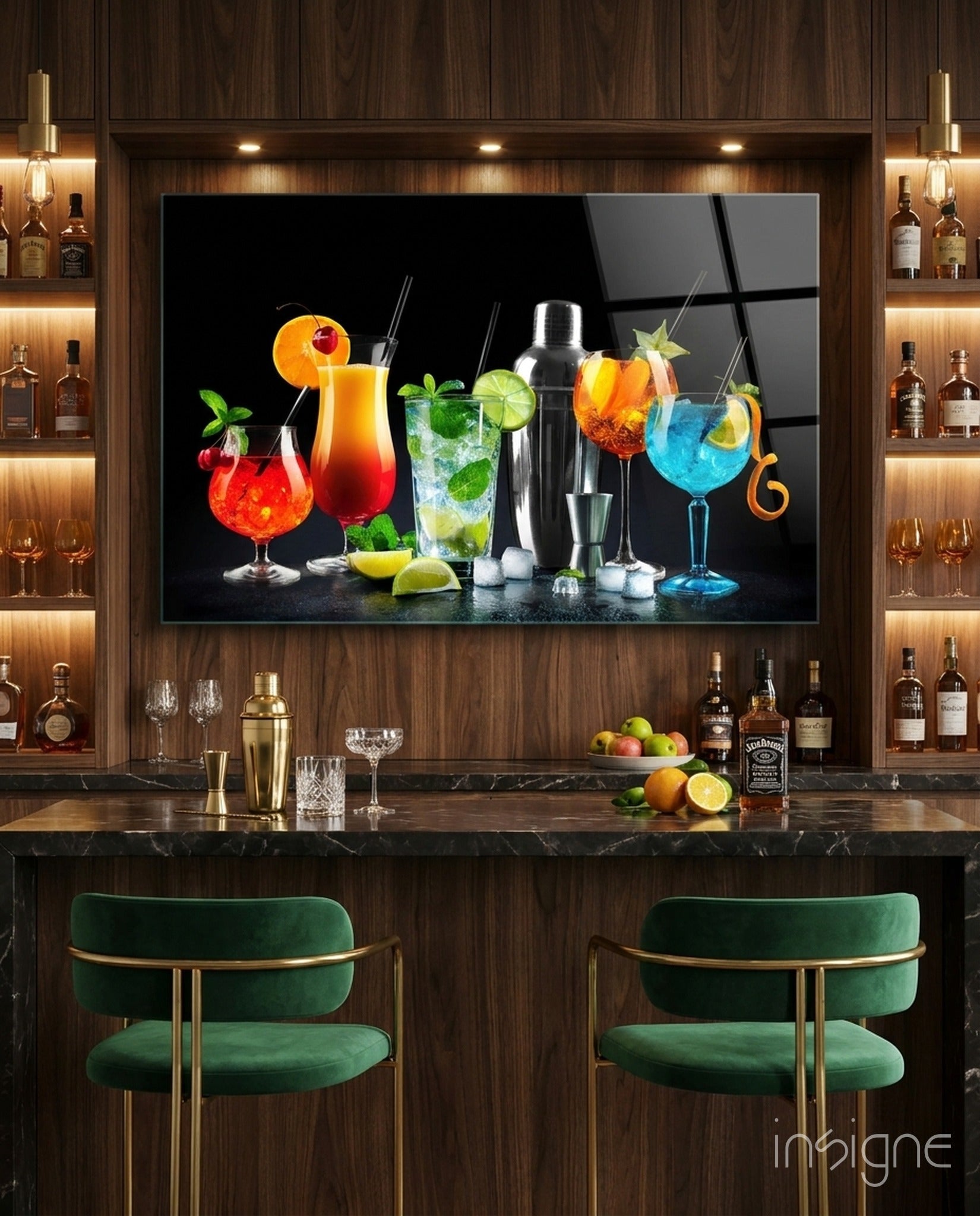 Neonblaue Shaker-Cocktails Glaswandkunst
