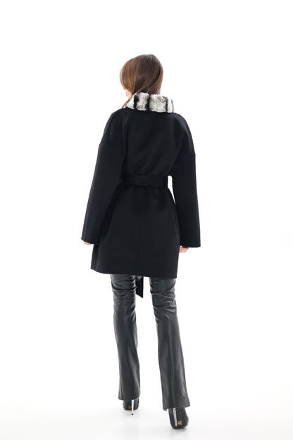 Genuine  French Orylag Fur Italian Cashmere Wool Coat 85cm