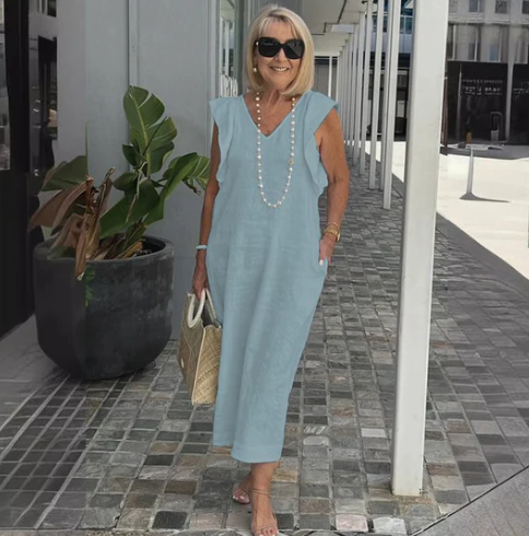 Casual Women's Dress | Cotton Linen Blend Midi with Relaxed Fit & V-Neck 5