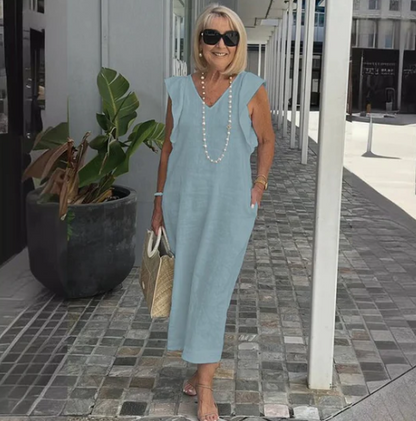 Casual Women's Dress | Cotton Linen Blend Midi with Relaxed Fit & V-Neck 5