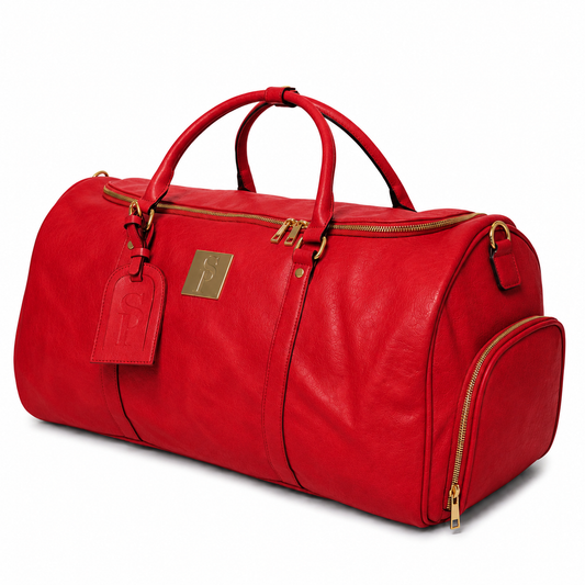 Sac de voyage en cuir rouge patiné style weekender