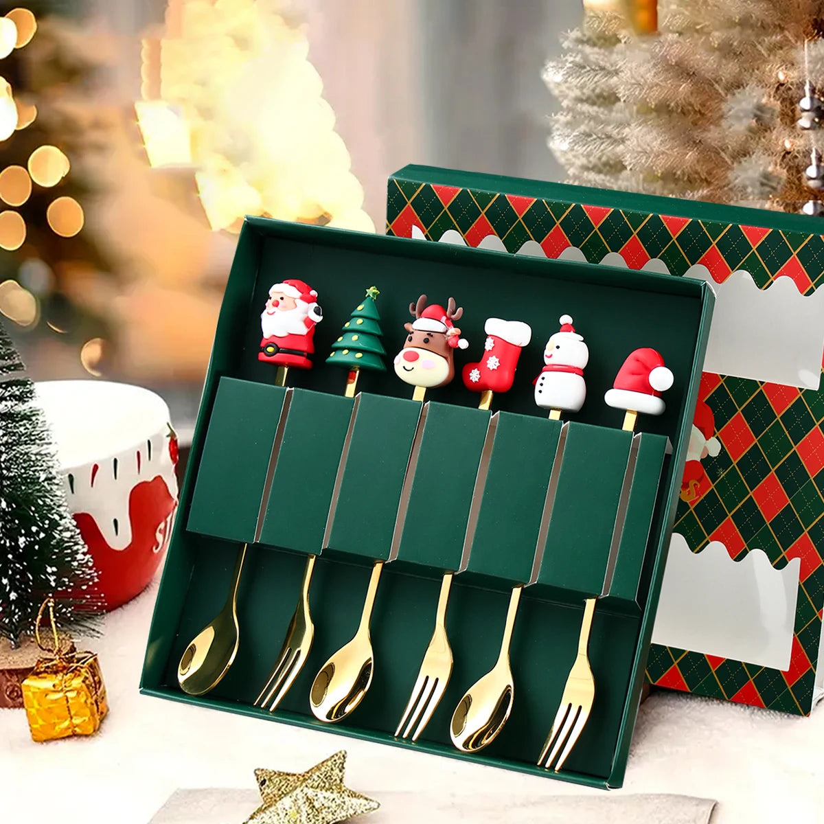 Christmas Cutlery Set | Elegant Gold Spoon and Fork with Santa Design 1