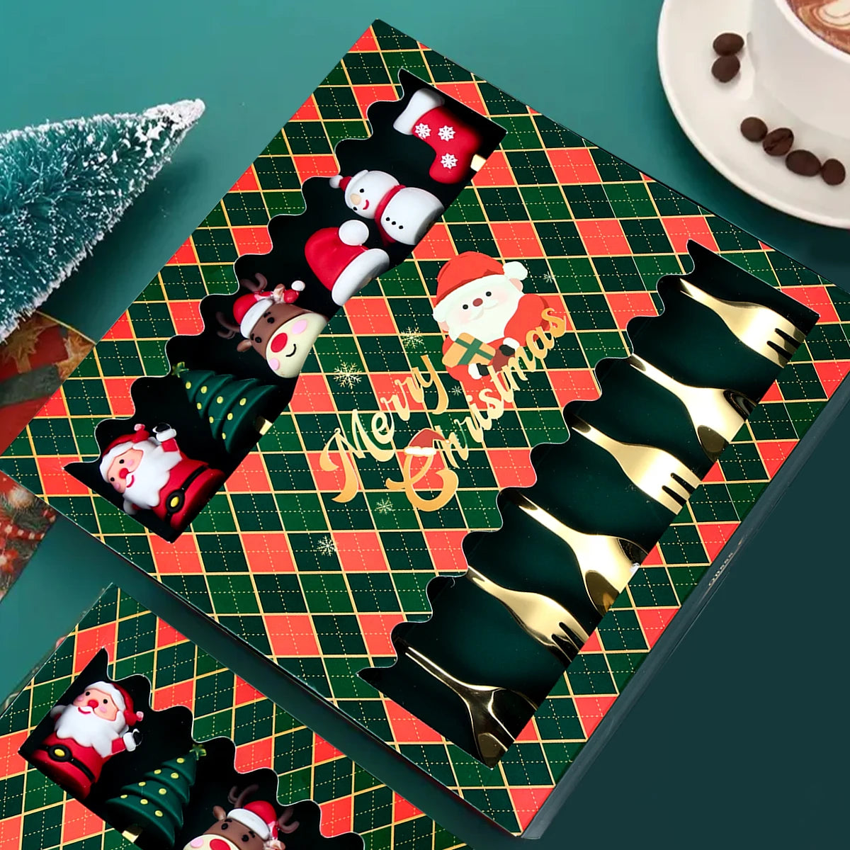 Christmas Cutlery Set | Elegant Gold Spoon and Fork with Santa Design 2