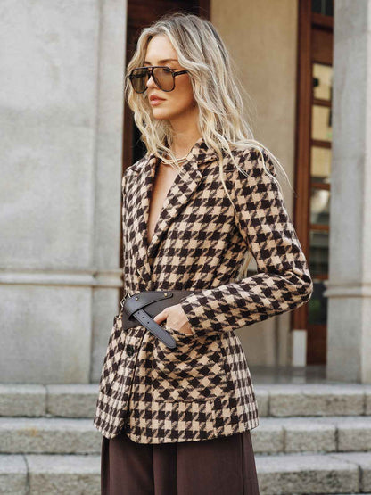 Classic Houndstooth Blazer | Belted Design with Long Sleeves 2