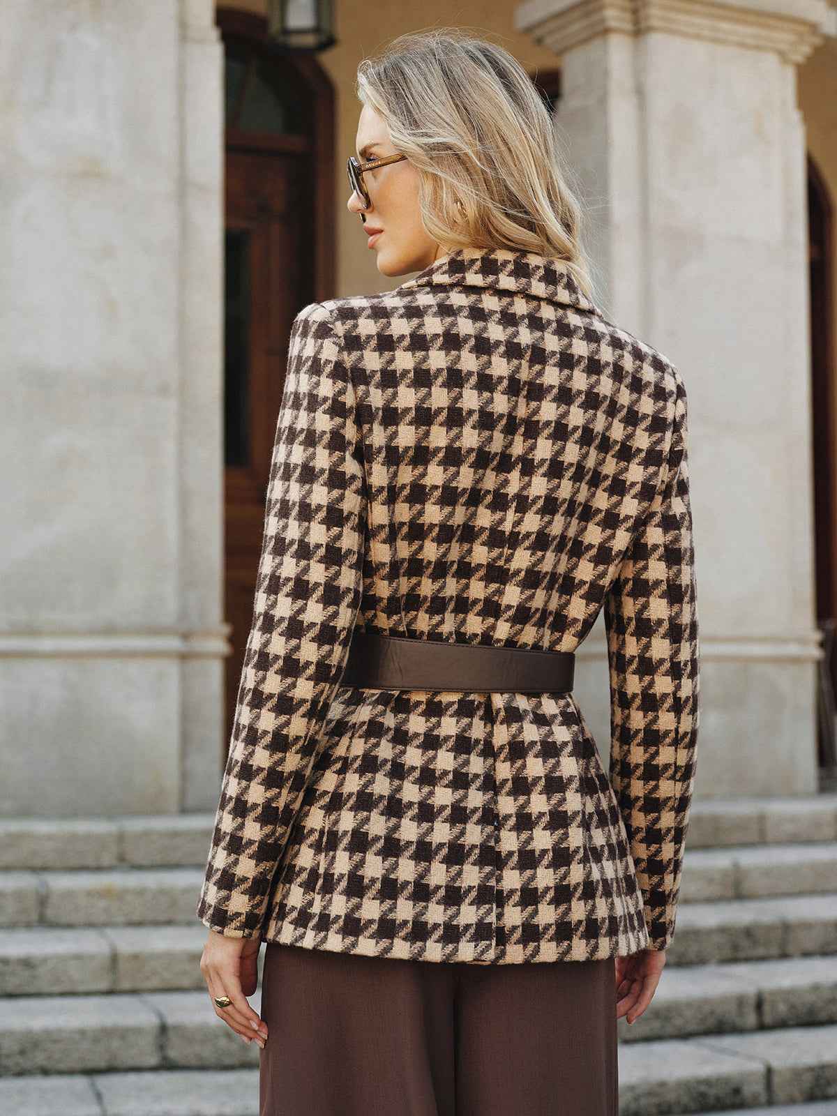 Classic Houndstooth Blazer | Belted Design with Long Sleeves 5
