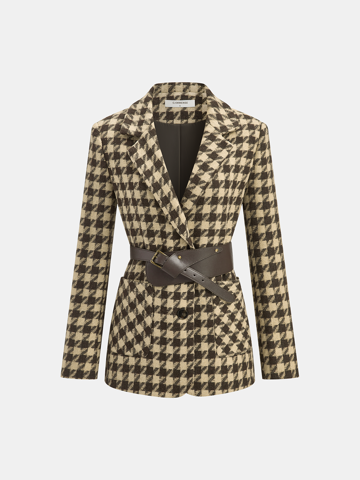Classic Houndstooth Blazer | Belted Design with Long Sleeves 7