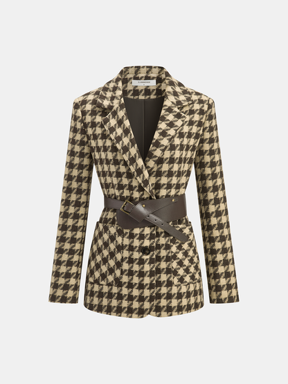 Classic Houndstooth Blazer | Belted Design with Long Sleeves 7