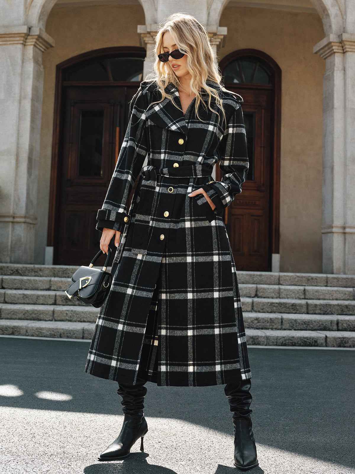 Classic Long Trench Coat | Warm Wool Blend with Stylish Plaid Design 3