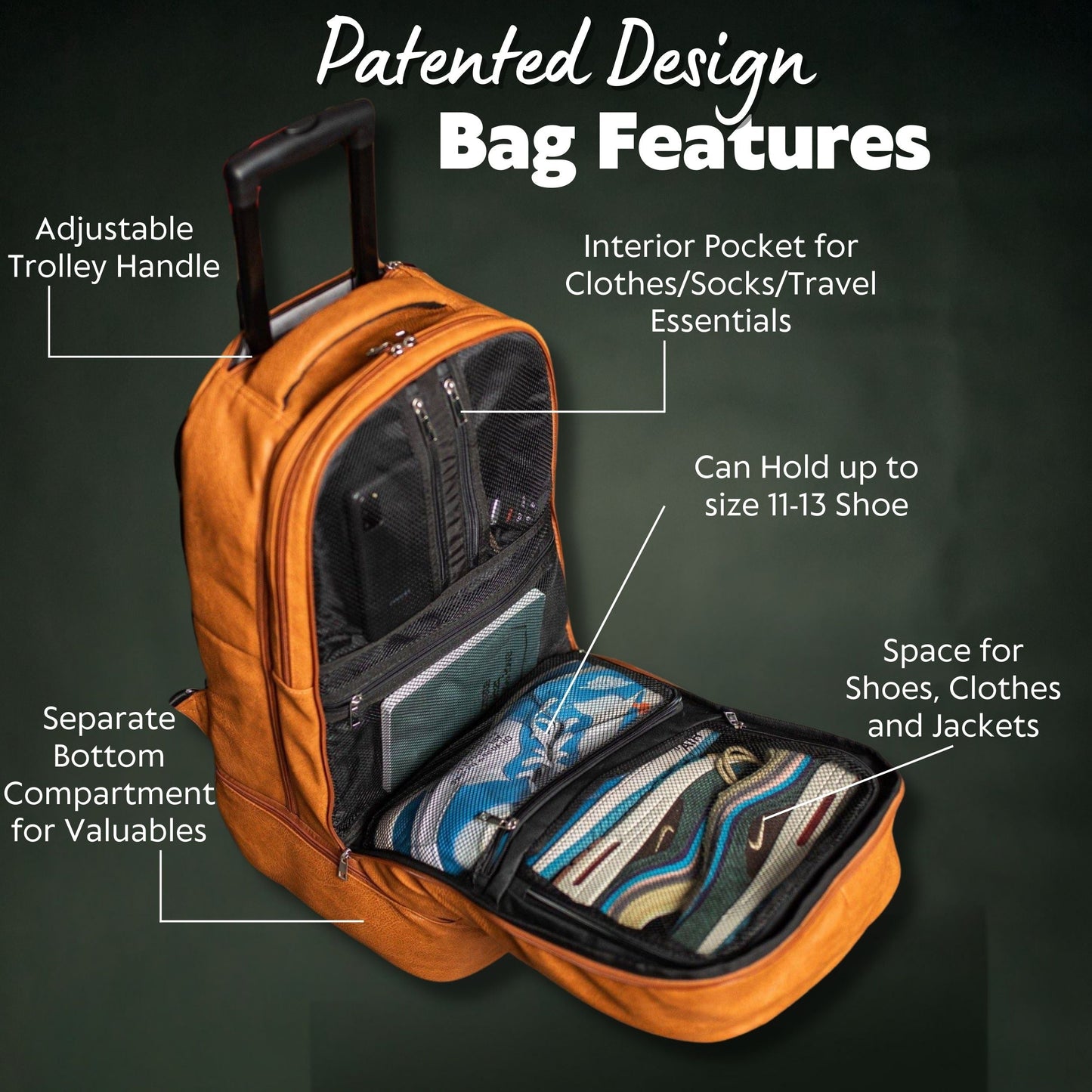 Bruine leren handbagage met gepatenteerde wieltjes