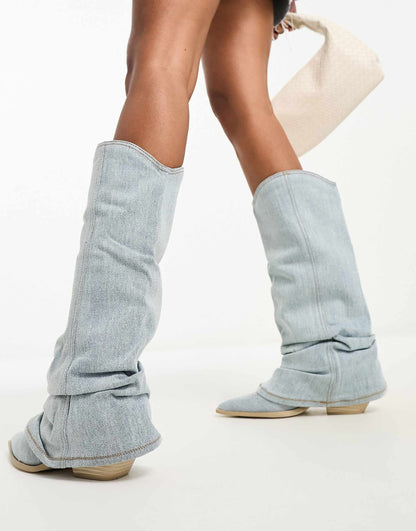 Cowboy Boots for Women | Light Blue Denim with Oversized Shaft 2