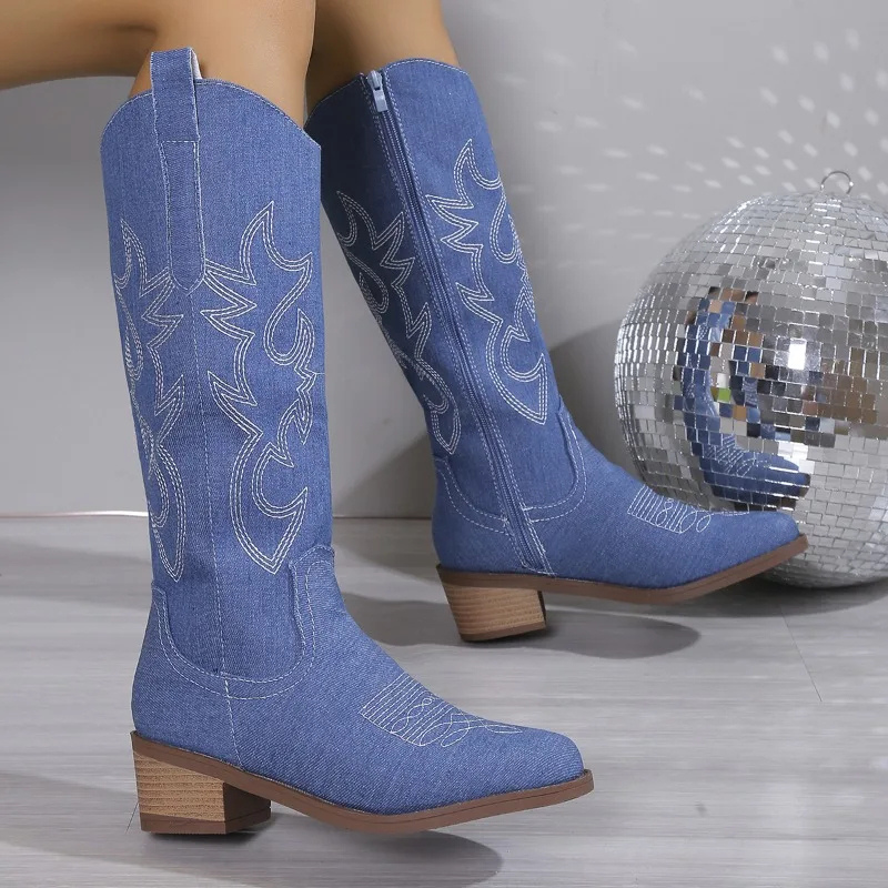Cowboy Boots for Women | Stylish Blue Denim with Comfortable Block Heel 0