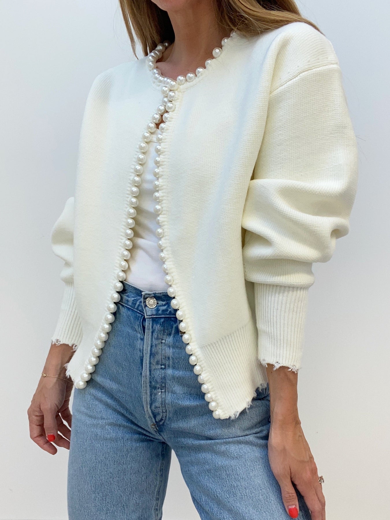 Cropped Cardigan Sweater | Soft Knit with Pearl Trim & Ripped Hem 0