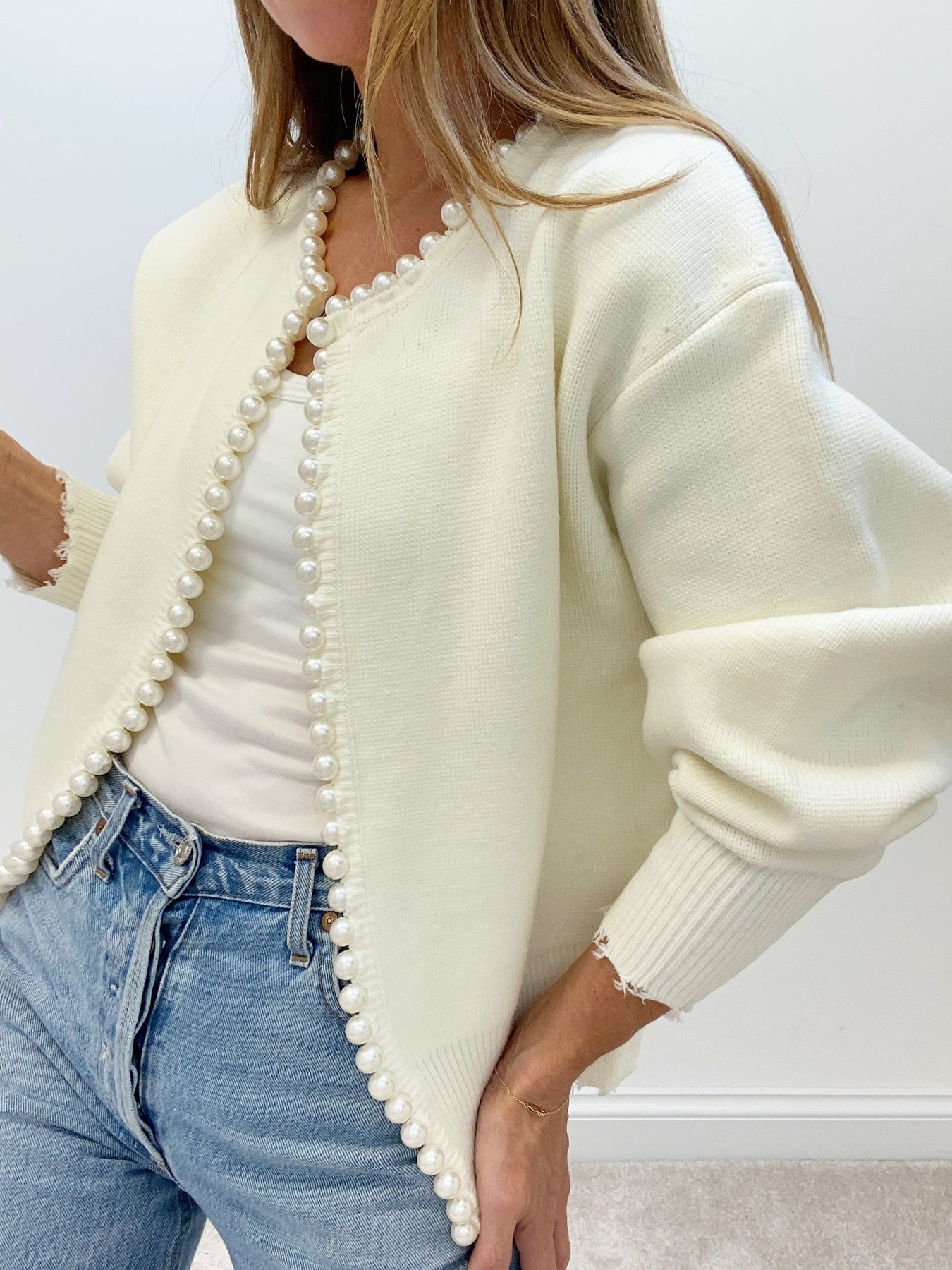 Cropped Cardigan Sweater | Soft Knit with Pearl Trim & Ripped Hem 1