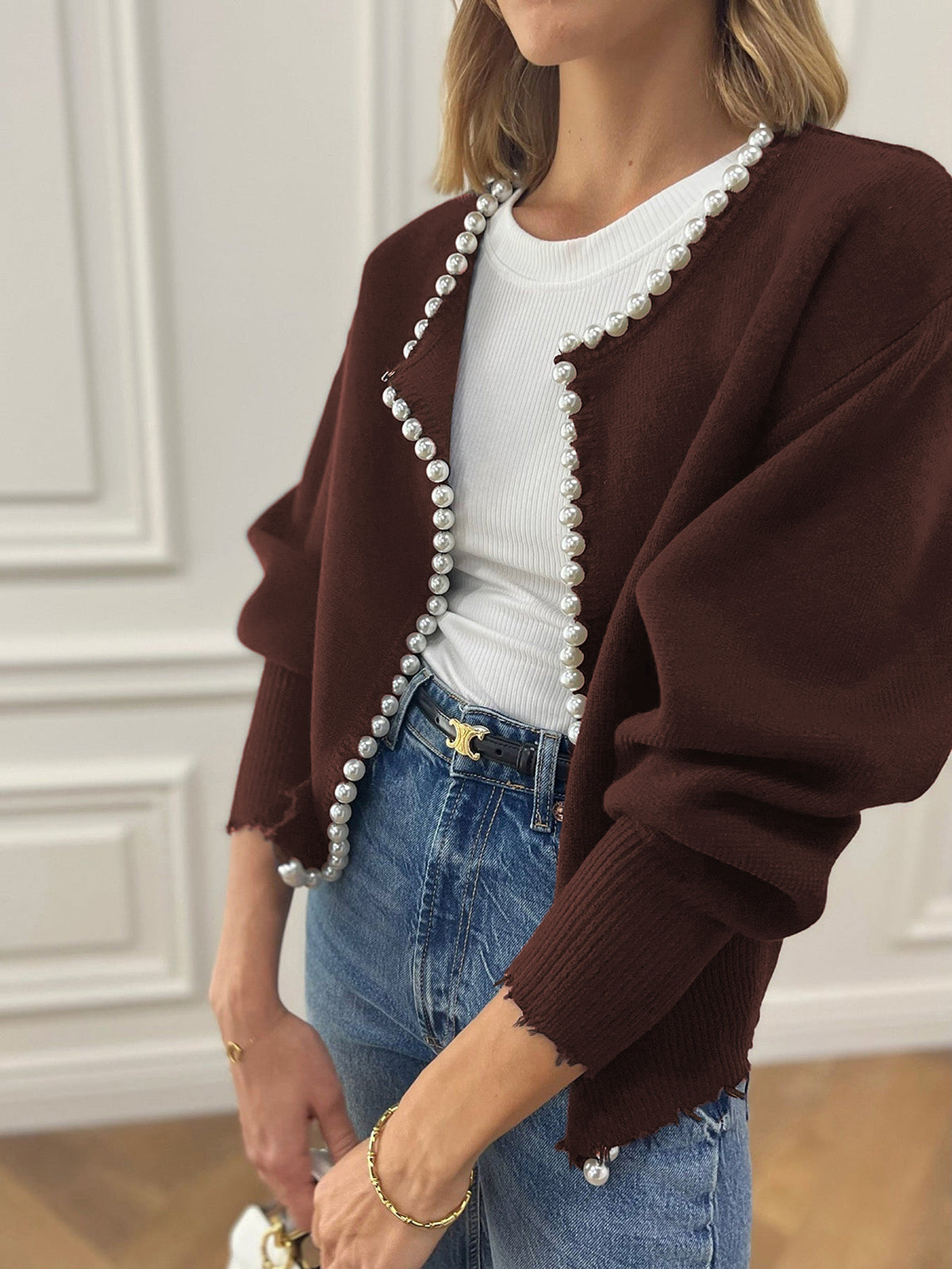 Cropped Cardigan Sweater | Soft Knit with Pearl Trim & Ripped Hem 11
