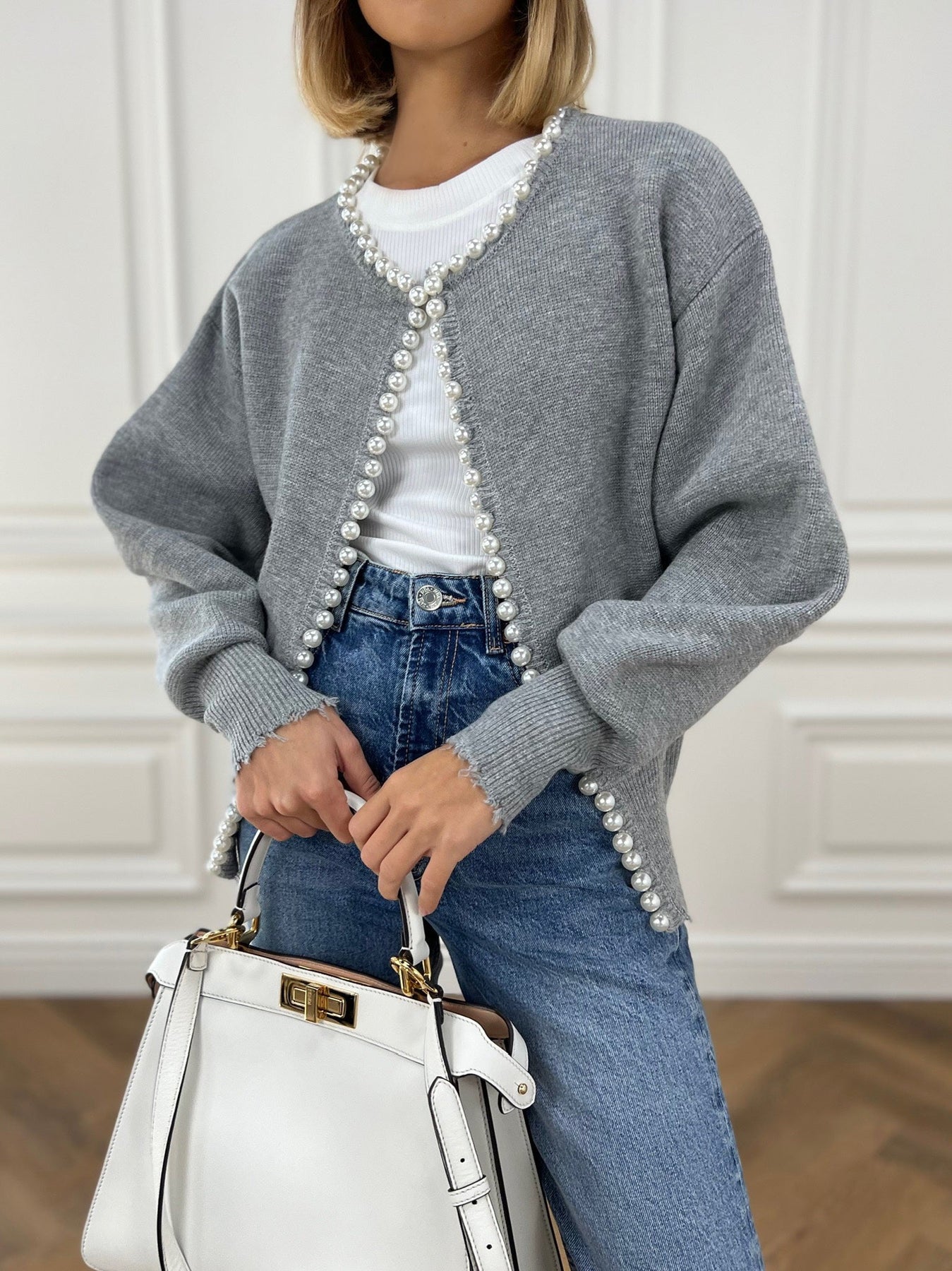Cropped Cardigan Sweater | Soft Knit with Pearl Trim & Ripped Hem 12
