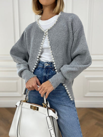 Cropped Cardigan Sweater | Soft Knit with Pearl Trim & Ripped Hem 12